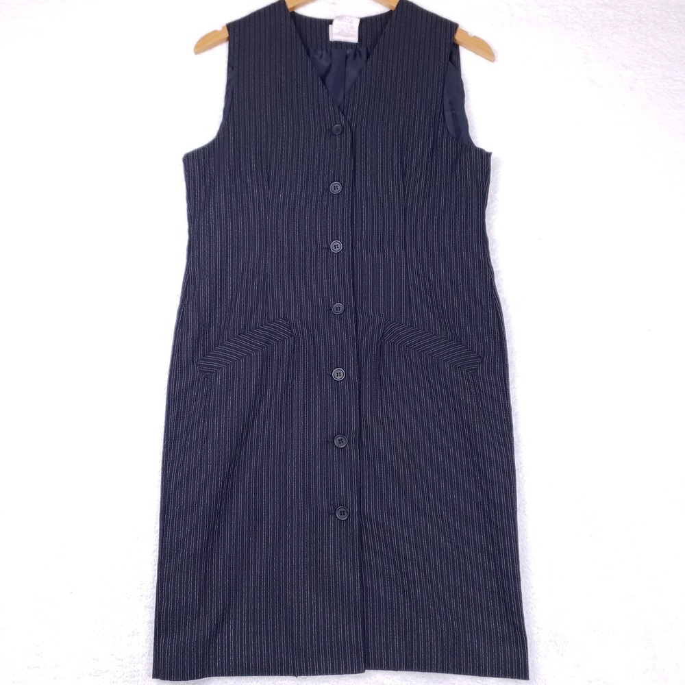 Koret Petites Vintage 90s Pinstripe Vest Dress Womens 4P Black Sleeveless Midi